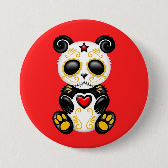 Yellow Zombie Sugar Panda on Red 7.5 Cm Round Badge (Front)
