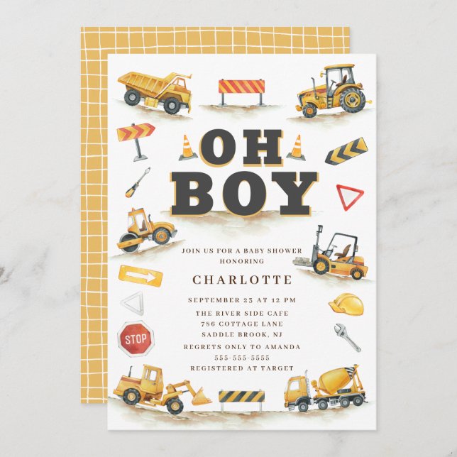 YellowConstruction Truck Baby Shower Invitation (Front/Back)