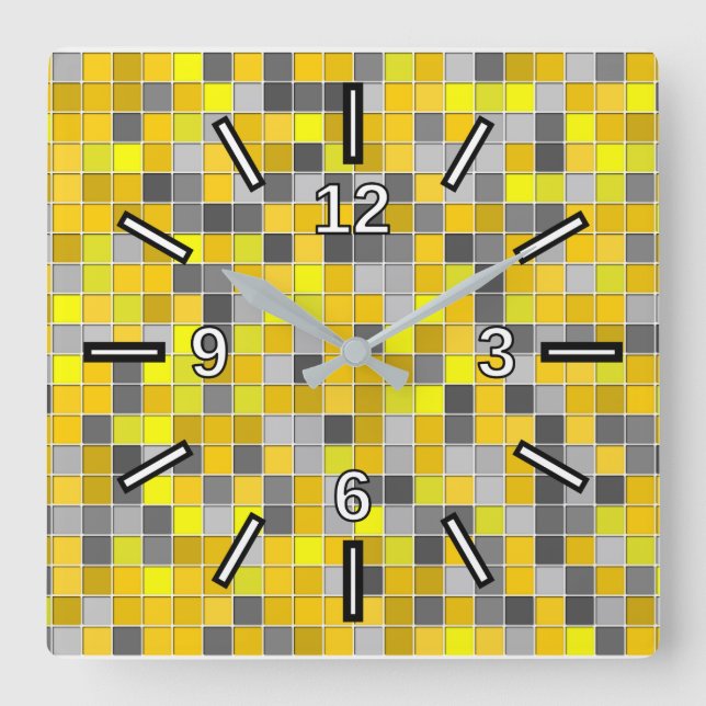 Yellows and Greys Tiled Squares Pattern Square Wall Clock (Front)