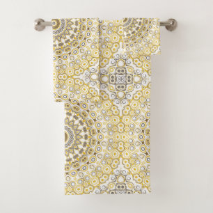 Yellows and White Mandala Kaleidoscope Medallion Bath Towel Set
