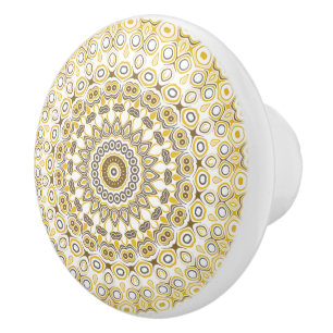 Yellows and White Mandala Kaleidoscope Medallion Ceramic Knob