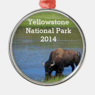 Yellowstone American Bison in Pond Metal Ornament
