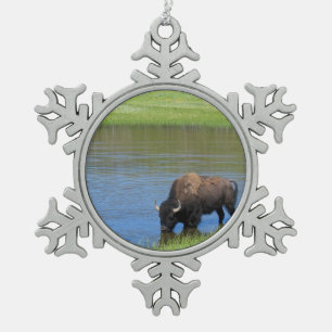 Yellowstone American Bison in Pond Snowflake Pewter Christmas Ornament