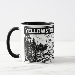 Yellowstone National Park Black White Woodcut Lino Mug