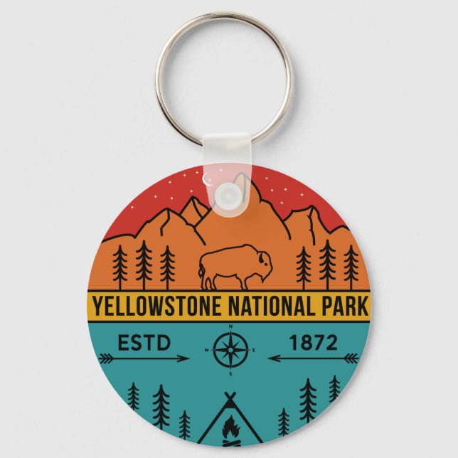 Yellowstone National Park Retro Wyoming USA Bison Key Ring (Front)