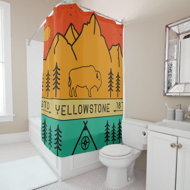 Yellowstone National Park Retro Wyoming USA Bison Shower Curtain (In Situ)