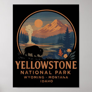 Yellowstone National Park Vintage Bison Geyser Poster