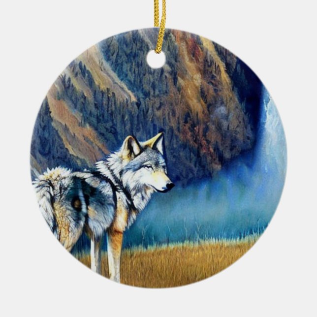 Yellowstone National Park Wolf Painting Ceramic Ornament (Front)