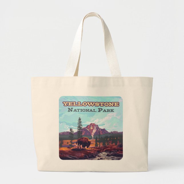 Yellowstone National Park Wyoming Bison Geyser Large Tote Bag (Front)