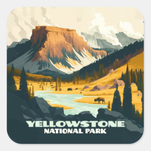 Yellowstone National Park Wyoming Mountains Retro Square Sticker