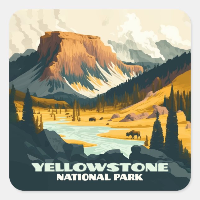 Yellowstone National Park Wyoming Mountains Retro Square Sticker (Front)