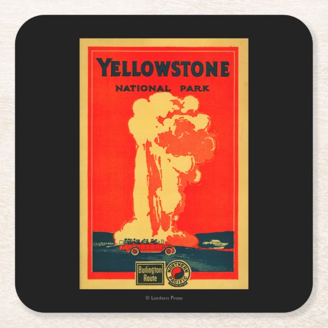 Yellowstone, Old Faithful Advertising Poster Square Paper Coaster (Front)