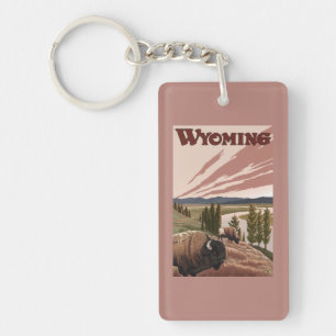 Yellowstone River Bison Vintage Travel Poster Key Ring