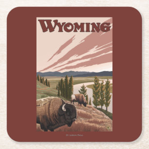 Yellowstone River Bison Vintage Travel Poster Square Paper Coaster