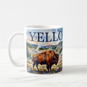 Yellowstone Watercolor Bison Geyser Scene Coffee Mug