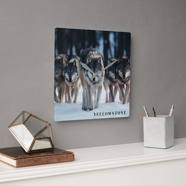 Yellowstone Wolves Square Wall Clock (Office)