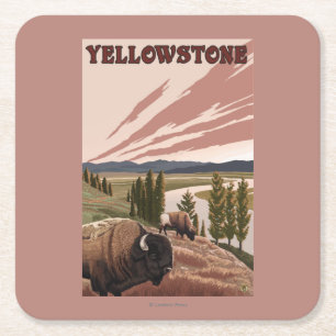 YellowstoneBison Scene Square Paper Coaster