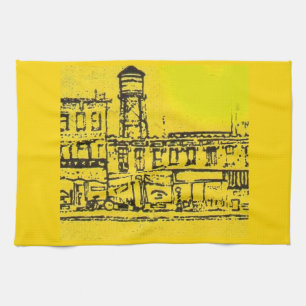 Yellowville houses and homes and water tower tea towel
