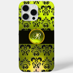 YELOW  BLACK DAMASK GEM STONE MONOGRAM iPhone 15 PRO MAX CASE