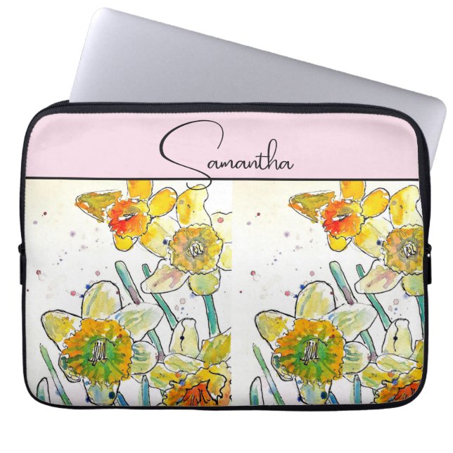 Yelow Daffodil Watercolor Daffodils Floral Flower Laptop Sleeve (Front)
