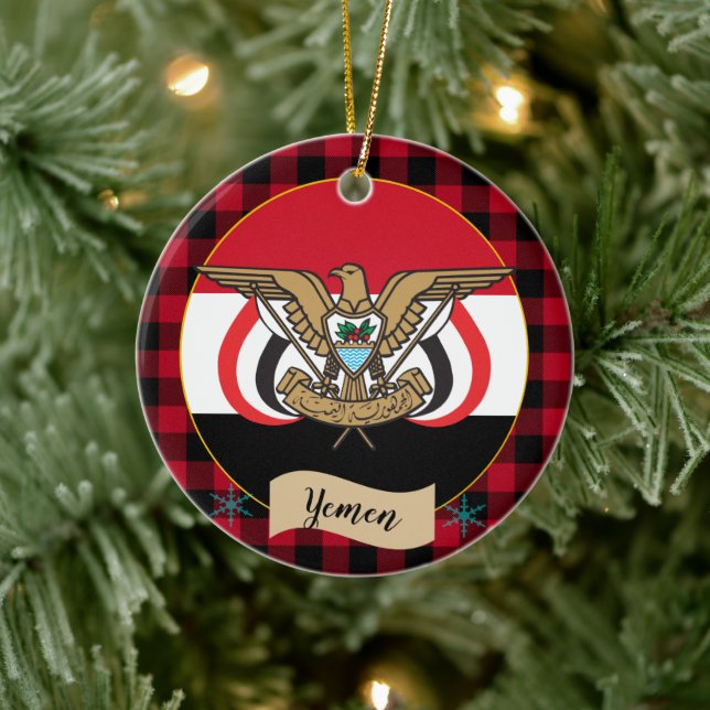 Yemen, Red buffalo plaid & Yemeni Flag Ceramic Ornament (Tree)
