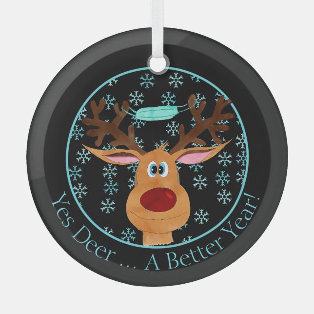 Yes Deer ... Rudolph the Face Masked Reindeer   Glass Tree Decoration (Front)