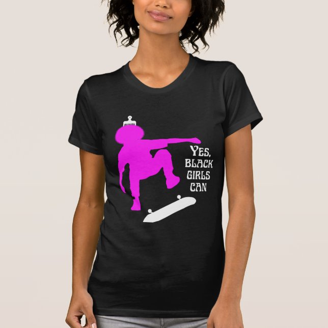 YES GIRLS CAN SKATEBOARD Black Skater Girl T-Shirt (Front)