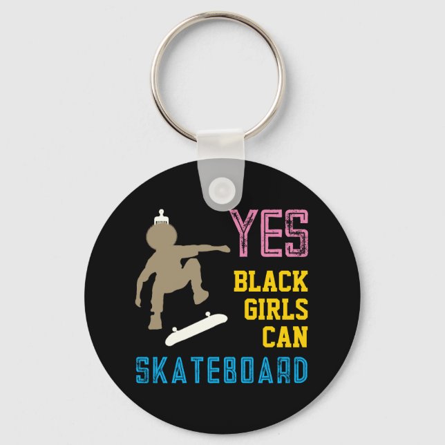 YES GIRLS CAN SKATEBOARD Retro Afro Skater Girl Key Ring (Back)
