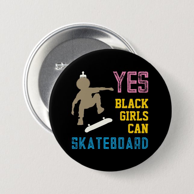 YES GIRLS CAN SKATEBOARD Retro Black Skater Girl 7.5 Cm Round Badge (Front & Back)