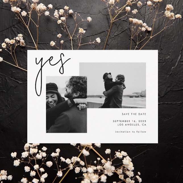 Yes Modern Black White Calligraphy Photo Wedding Save The Date (Creator Uploaded)
