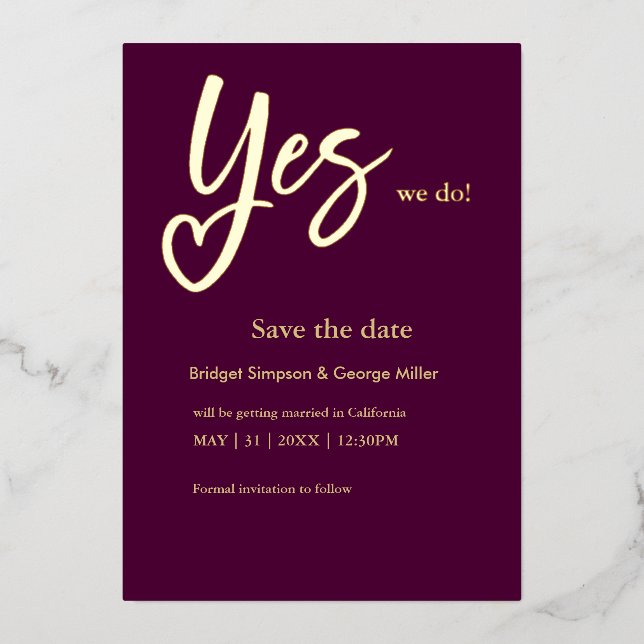 Yes We Do plum Gold Wedding save the date card (Front)