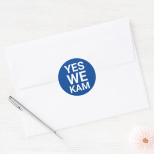 Yes We Kam funny modern typography white blue Classic Round Sticker