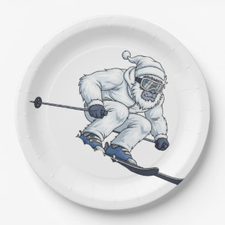 Yeti Abominable Snowman Skiing Funny Holiday Paper Plate