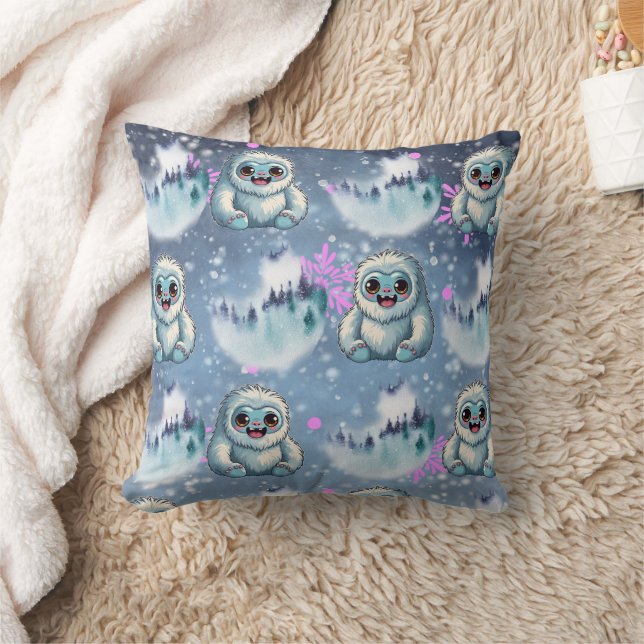 Yeti Sitting Kawaii Snowflakes Pattern Cushion (Blanket)