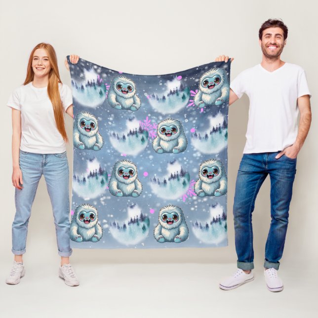 Yeti Sitting Kawaii Snowflakes Pattern Fleece Blanket (In Situ)