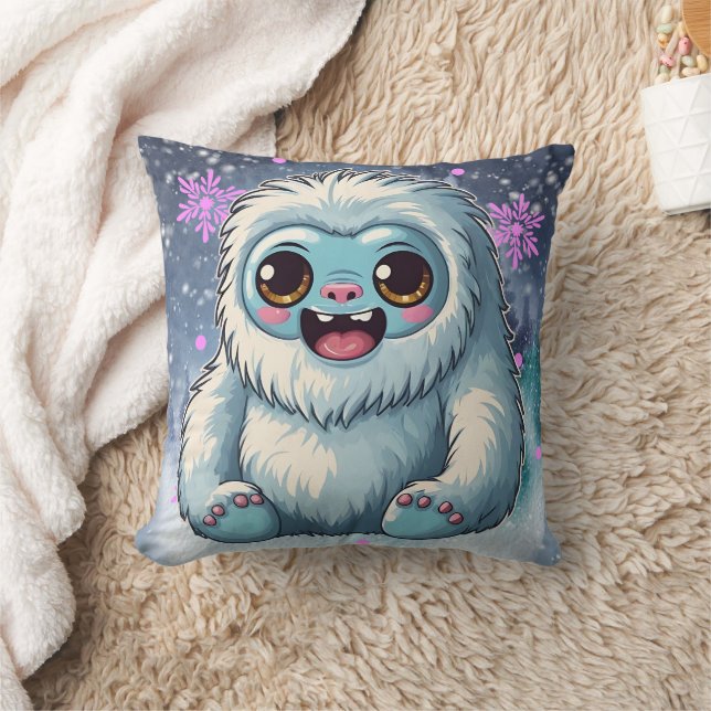 Yeti Sitting Kawaii Snowflakes Print Cushion (Blanket)