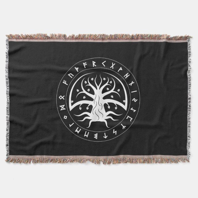 Yggdrasil Circle Runes Throw Blanket (Front)