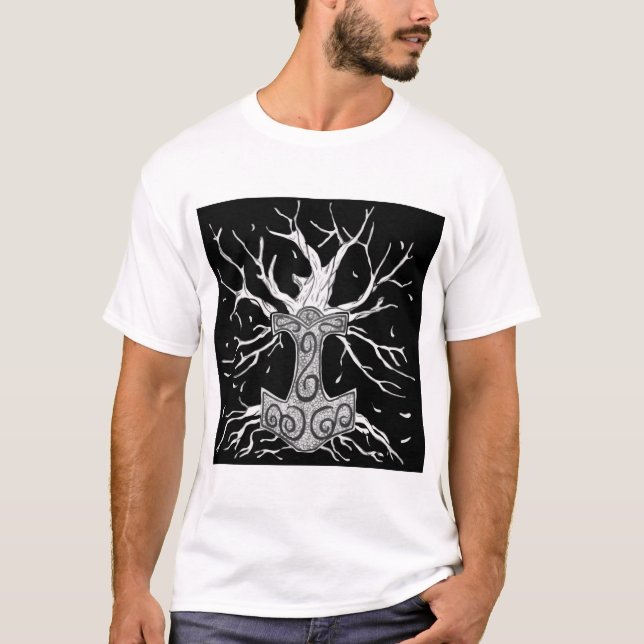 Yggdrasil, the Tree  of Nine Worlds, and  Mjolnir T-Shirt (Front)