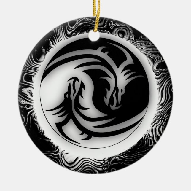 Yin and Yang Asian Dragons Ceramic Ornament (Front)