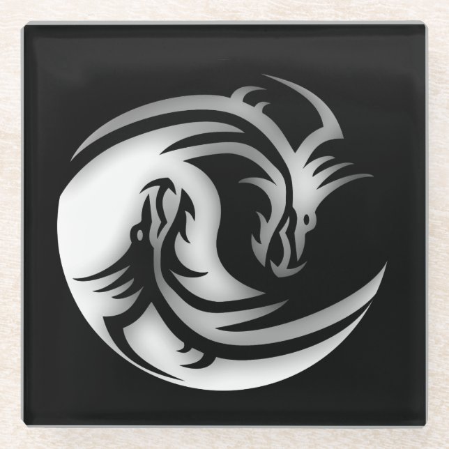 Yin and Yang Asian Dragons Glass Coaster (Front)