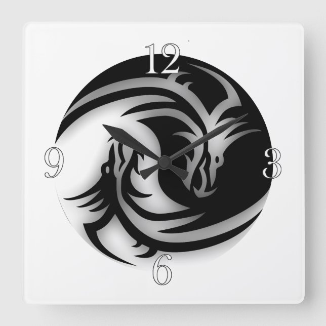 Yin and Yang Asian Dragons Square Wall Clock (Front)