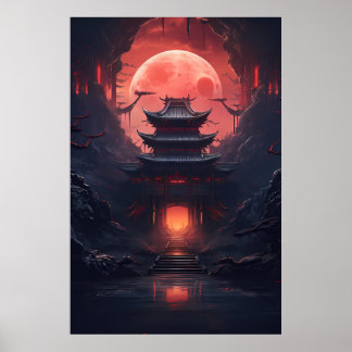 Yin and Yang Bridge and Temple in Cyberpunk Neon Poster