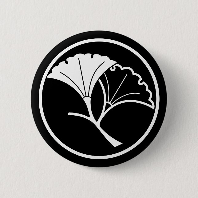Yin and yang ginkgo leaves in threadlike ring 6 cm round badge (Front)
