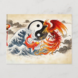 Yin and Yang Koi and Phoenix in Asian Art Style Postcard