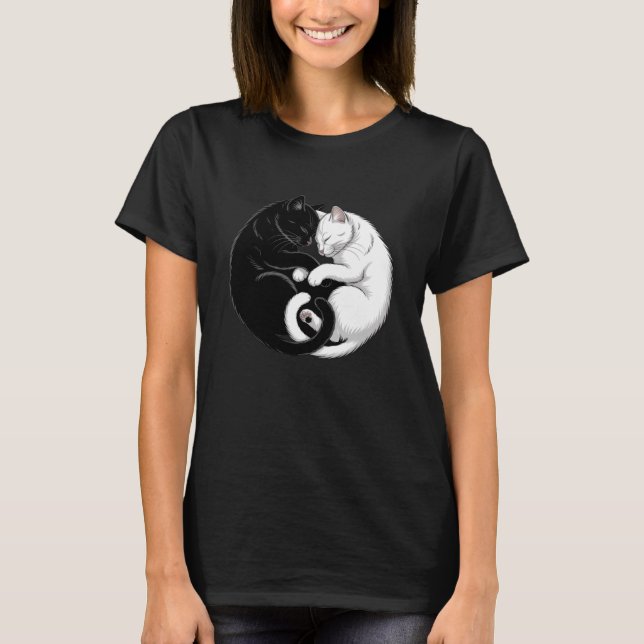 Yin and Yang Pet Cat Black White Cats T-Shirt (Front)