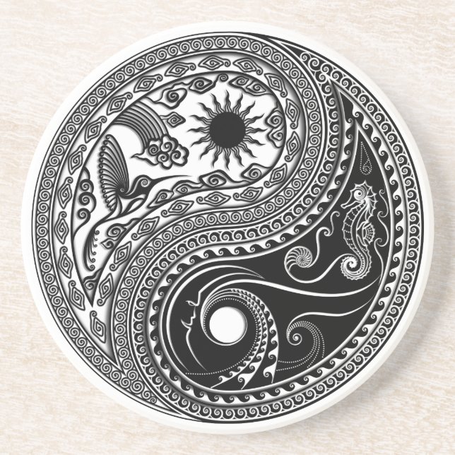Yin & Yang 3D Sun & Moon Sky & Sea Sandstone Coast Coaster (Front)