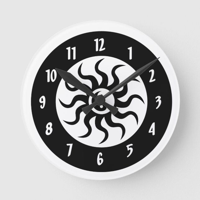 Yin Yang Aztec Sun/White and Black Circles Round Clock (Front)