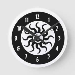 Yin Yang Aztec Sun/White and Black Circles Round Clock