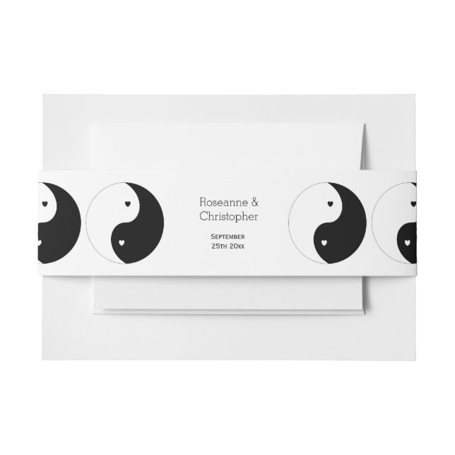 Yin Yang Black And White Hearts Design Wedding Invitation Belly Band (Front Example)