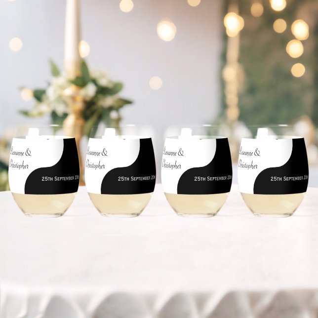 Yin Yang Black And White Wedding Stemless Wine Glass (Insitu (Wedding))